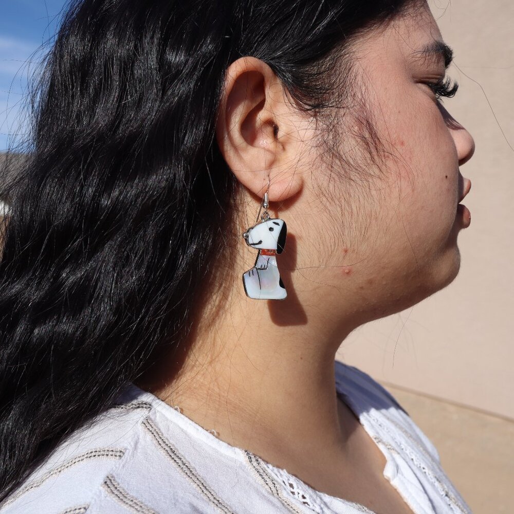 Handmade Zuni Inlay Large Snoopy Dog Dangle Earrings Sterling Silver Jewelry‎ ** - Picture 11 of 15